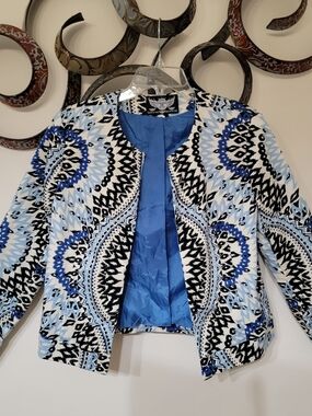 Blue Patterned Collarless Women's Blazer Jacket